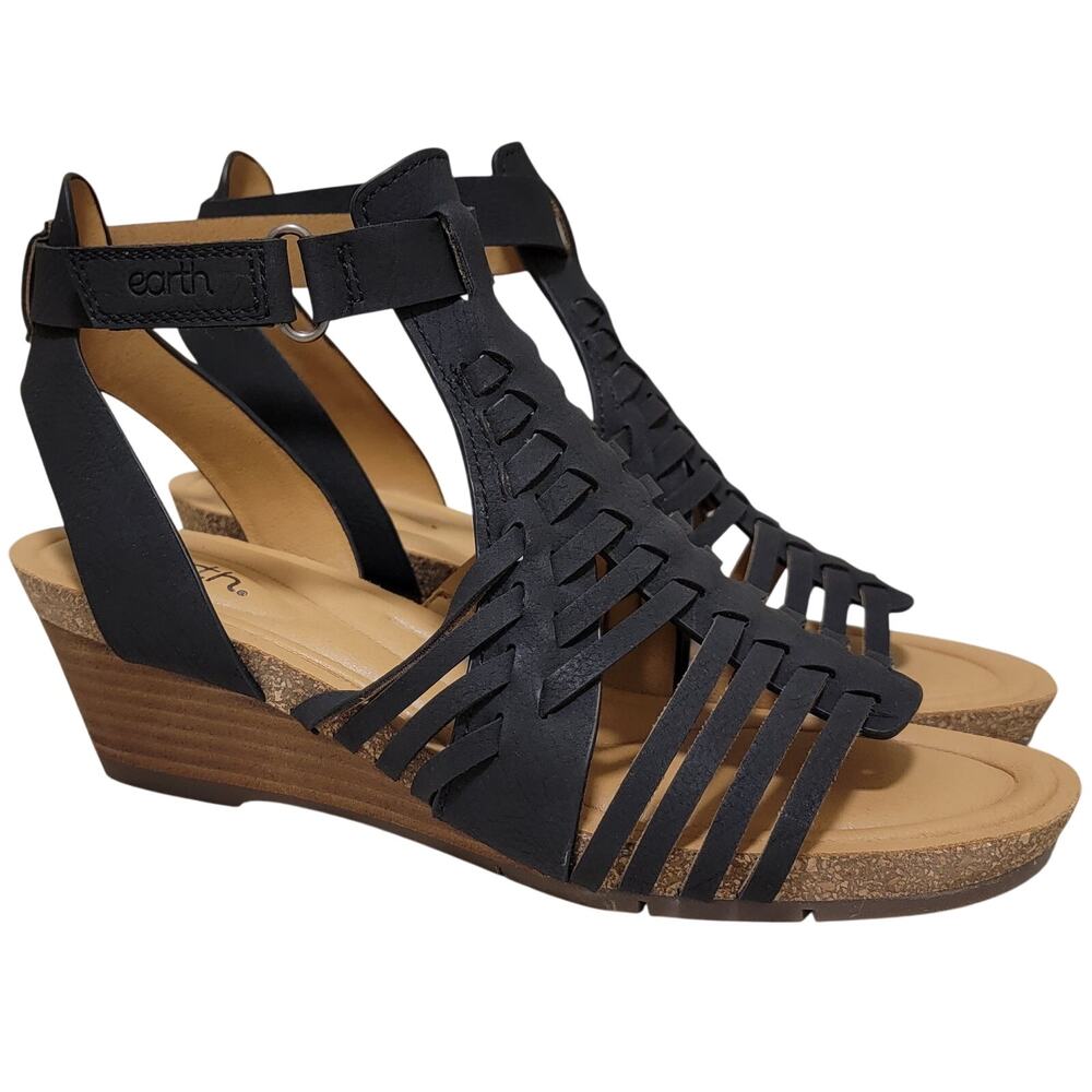 Earth Women Hattie Slingback Wedge Heel Fisherman Sandals Size US 7M Black